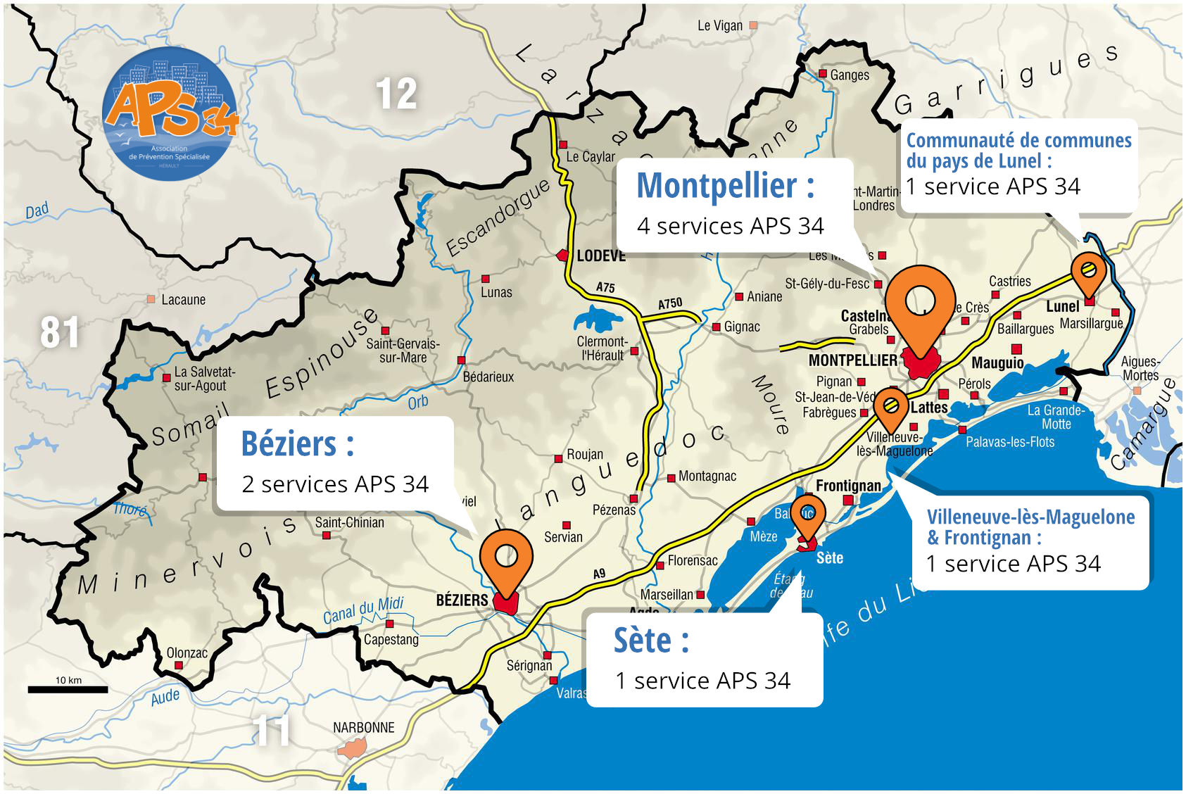 Les térritoires d'interventions Aps 34 dans l'Hérault